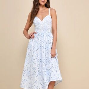 White & Blue Eyelet Midi Dress